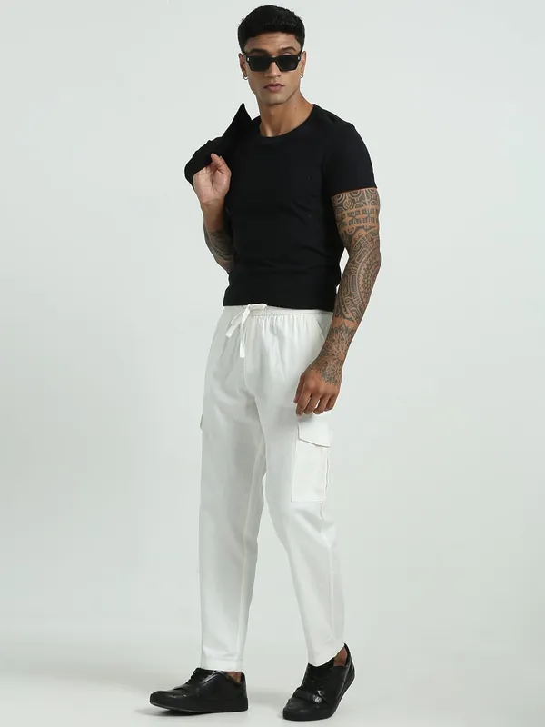 White_Linen_Drawstring_Waist_Regular_Fit_Cargo_For_Men