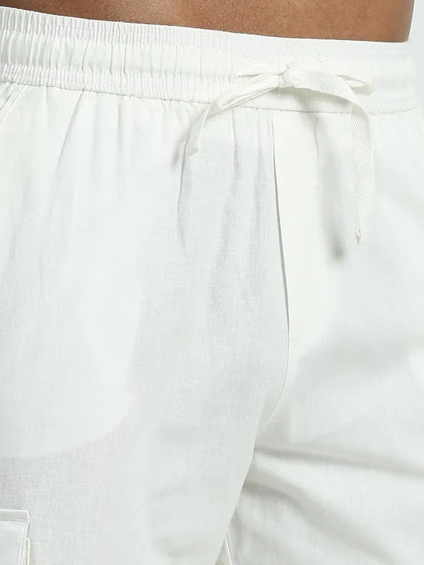 White_Linen_Drawstring_Waist_Regular_Fit_Cargo_For_Men