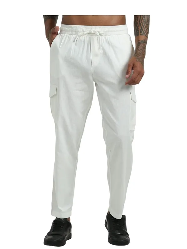 White_Linen_Drawstring_Waist_Regular_Fit_Cargo_For_Men
