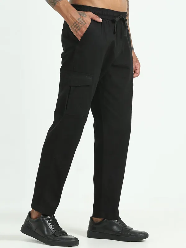 Black_Linen_Drawstring_Waist_Regular_Fit_Cargo_For_Men