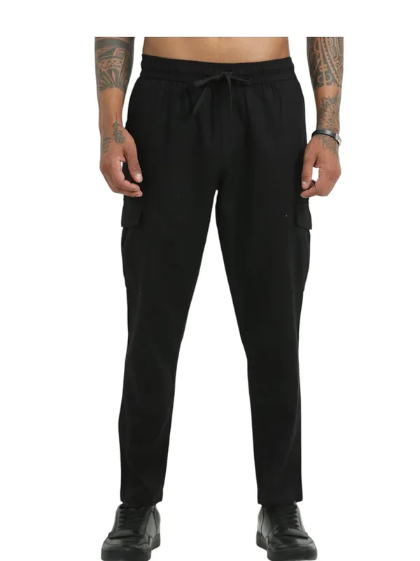 Black_Linen_Drawstring_Waist_Regular_Fit_Cargo_For_Men