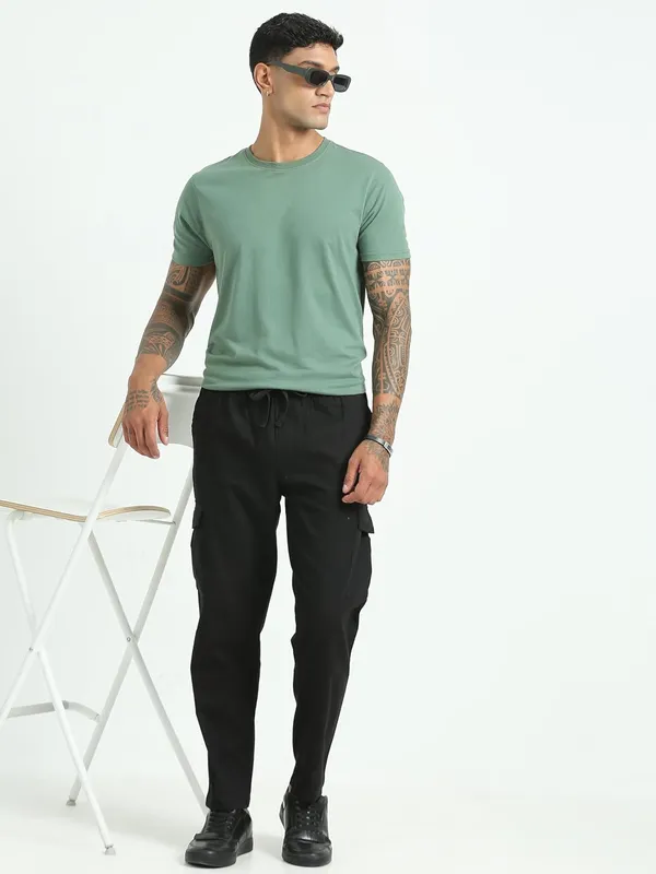 Black_Linen_Drawstring_Waist_Regular_Fit_Cargo_For_Men