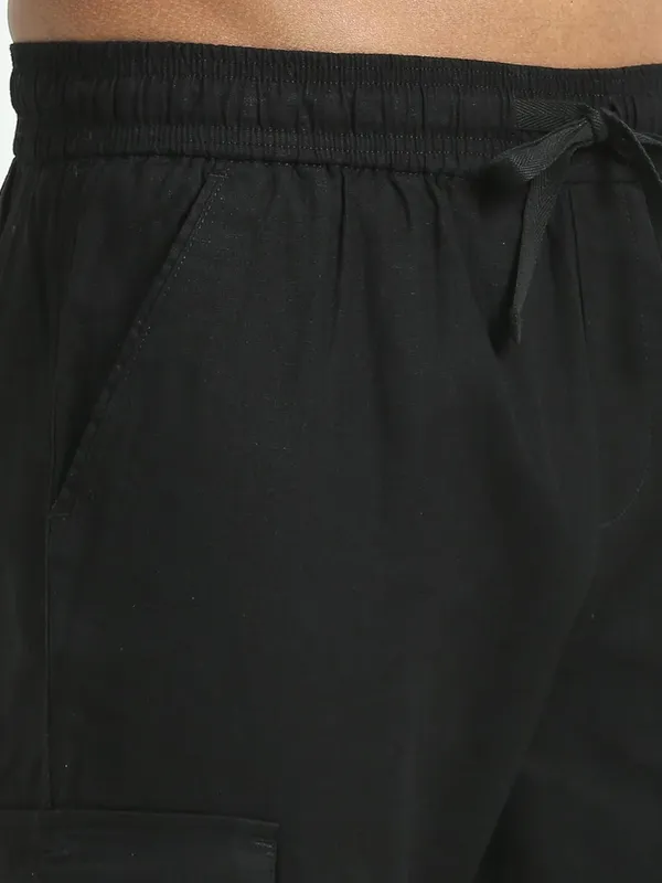 Black_Linen_Drawstring_Waist_Regular_Fit_Cargo_For_Men