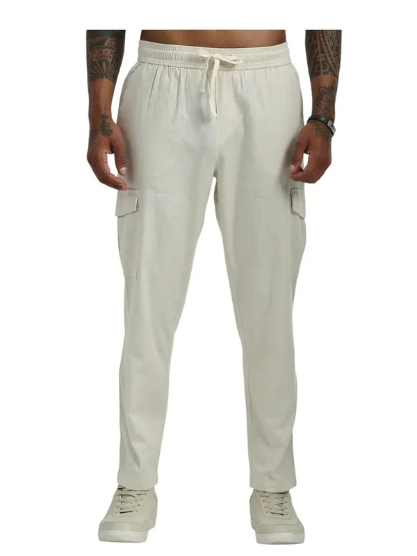 Off_White_Linen_Drawstring_Waist_Regular_Fit_Cargo_For_Men