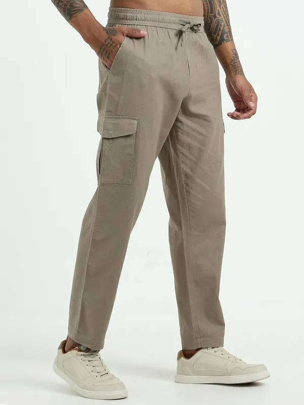 Beige_Linen_Drawstring_Waist_Regular_Fit_Cargo_For_Men