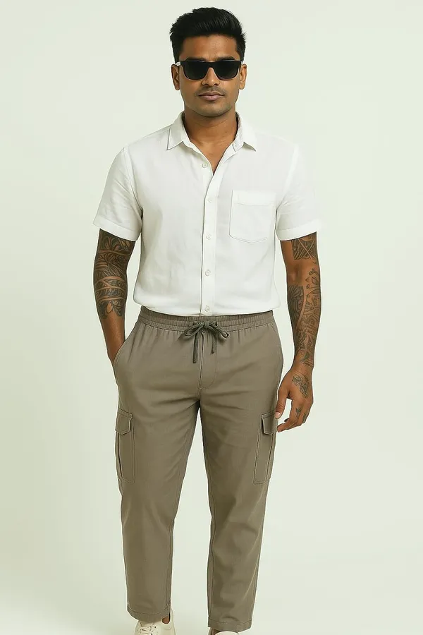 Beige_Linen_Drawstring_Waist_Regular_Fit_Cargo_For_Men
