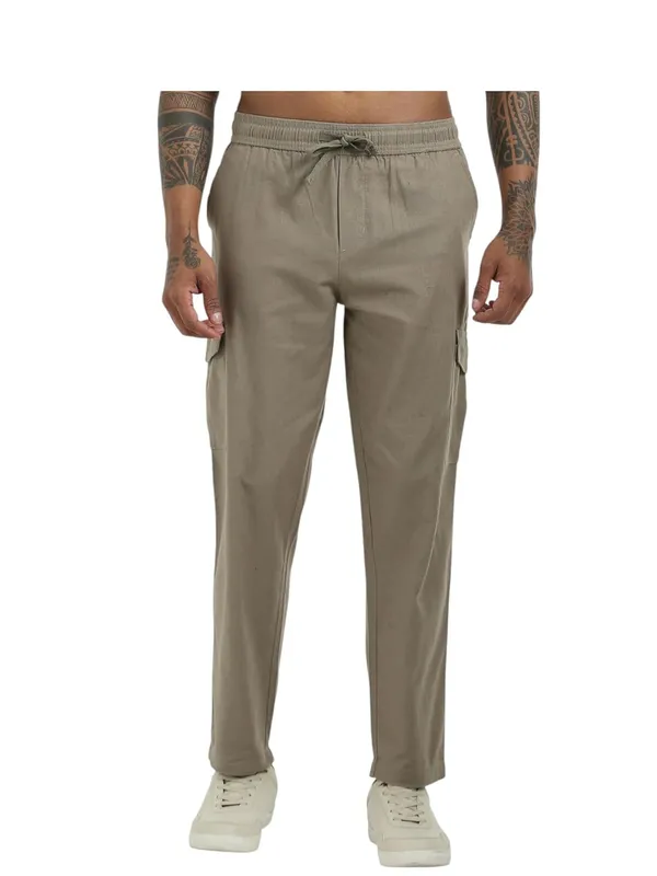 Beige_Linen_Drawstring_Waist_Regular_Fit_Cargo_For_Men