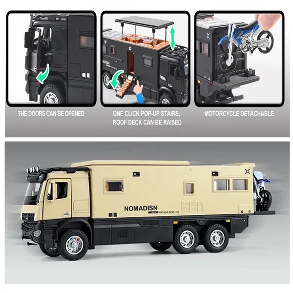 1:24_Diecast_Mercedes-Benz_Nomadism_Camper_Truck_with_Pop-Up_Roof,_Stairs_&_Dirt_Bike_–_Toy_for_Kids_&_Collectors_Multicolour_(_As_per_availability_)