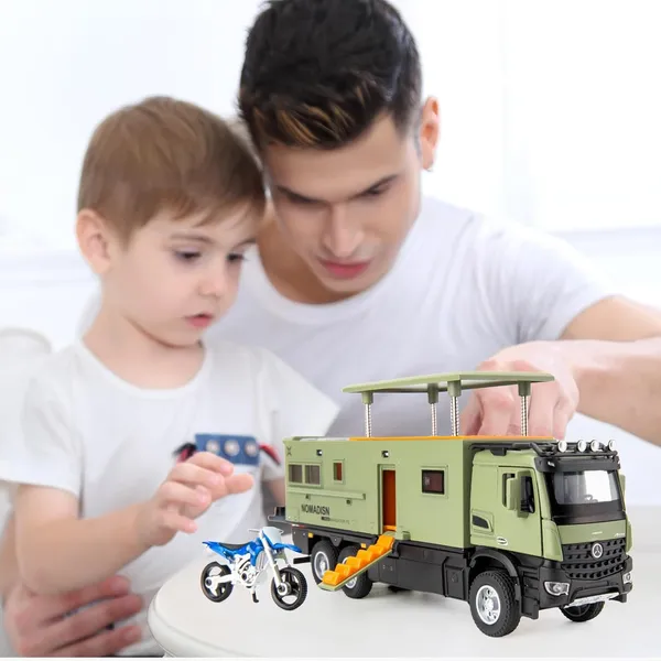 1:24_Diecast_Mercedes-Benz_Nomadism_Camper_Truck_with_Pop-Up_Roof,_Stairs_&_Dirt_Bike_–_Toy_for_Kids_&_Collectors_Multicolour_(_As_per_availability_)