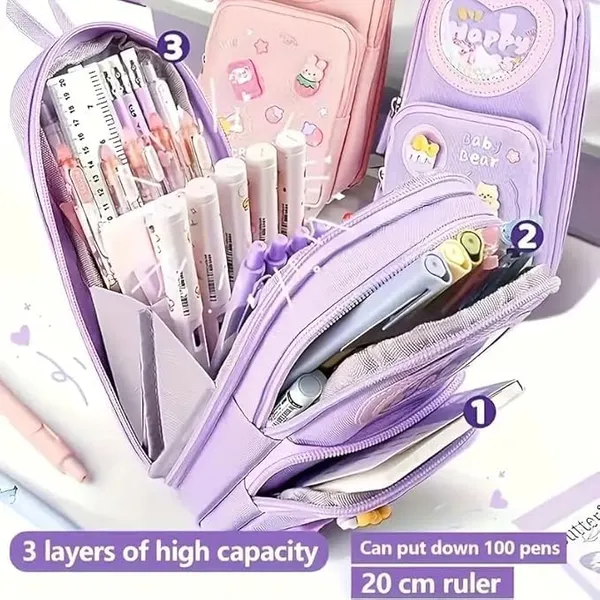 New_Three_Layer_Canvas_Cute_Aesthetic_Pencil_Case_for_Girls_Large_Capacity_Pen_Pencil_Pouch_Compass_Box_for_School_Multifunctional_Stationery_Organizer_(Kuromi_Purple_Design)