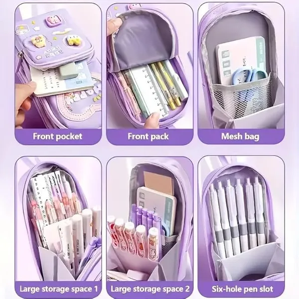 New_Three_Layer_Canvas_Cute_Aesthetic_Pencil_Case_for_Girls_Large_Capacity_Pen_Pencil_Pouch_Compass_Box_for_School_Multifunctional_Stationery_Organizer_(Kuromi_Purple_Design)