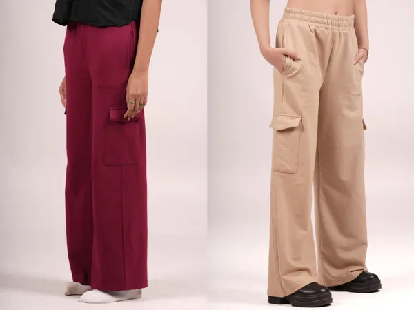 Beige_&_Red_Wide_Leg_Cargos_For_Women_(Pack_Of_2)
