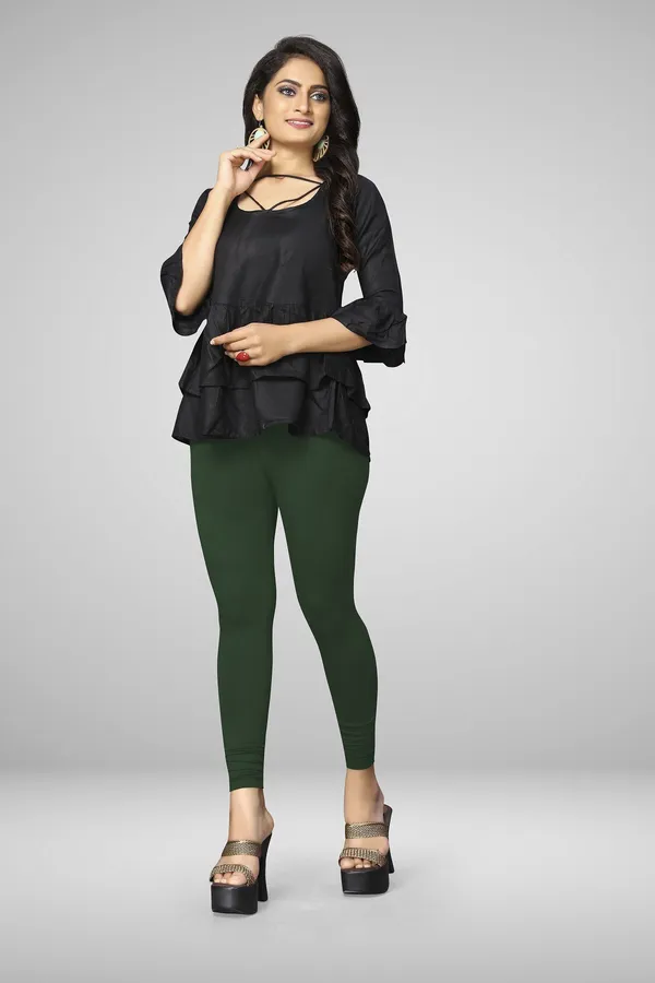 Dark_Green_Cotton_Blend_Solid_Elastic_Casual_Leggings_For_Women_&_Girl