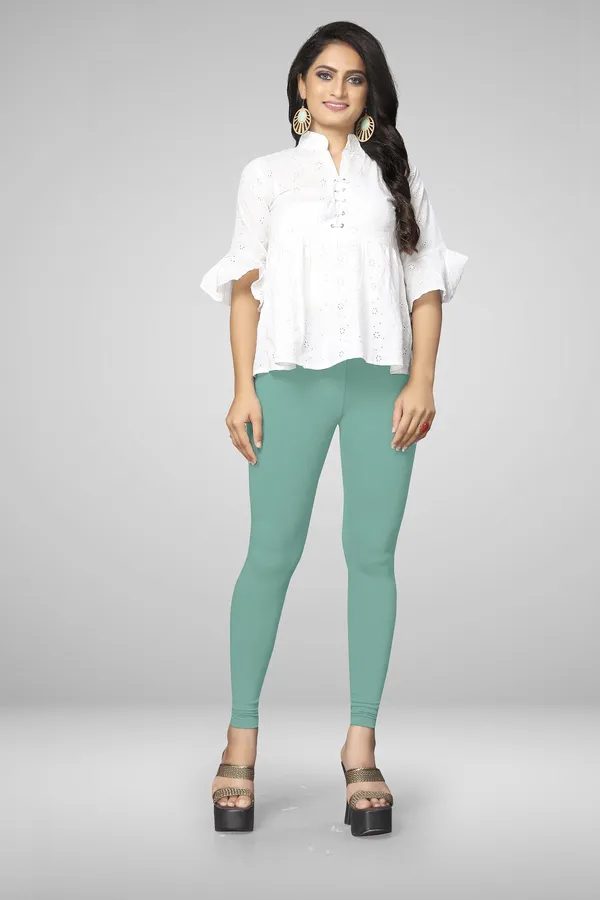 Light_Green_Cotton_Blend_Solid_Elastic_Casual_Leggings_For_Women_&_Girl