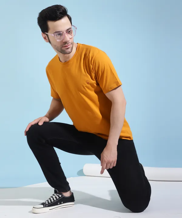 Yellow_Cotton_Blend_Solid_T-Shirt_For_Men_&_Women
