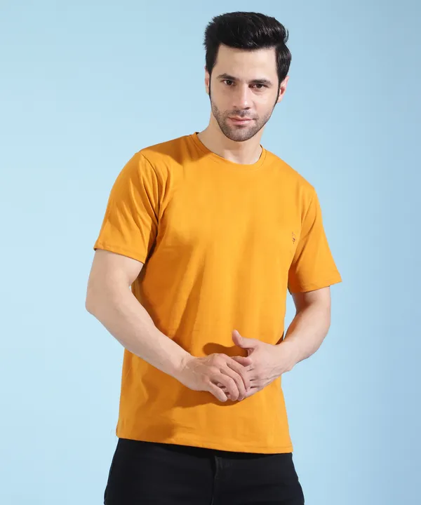Yellow_Cotton_Blend_Solid_T-Shirt_For_Men_&_Women
