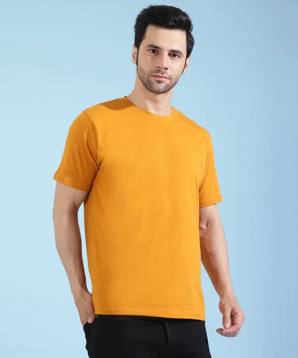 Yellow_Cotton_Blend_Solid_T-Shirt_For_Men_&_Women