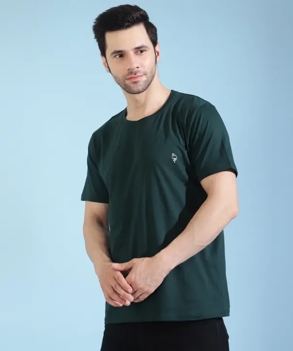 Dark_Green_Cotton_Blend_Solid_T-Shirt_For_Men