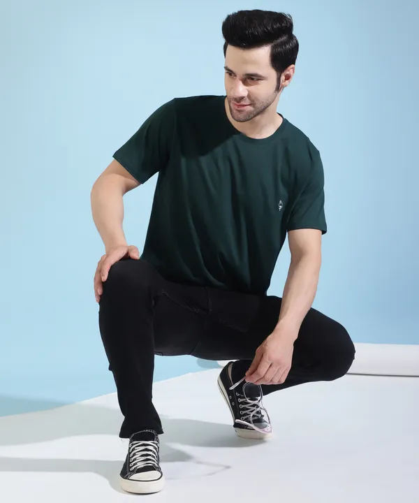 Dark_Green_Cotton_Blend_Solid_T-Shirt_For_Men