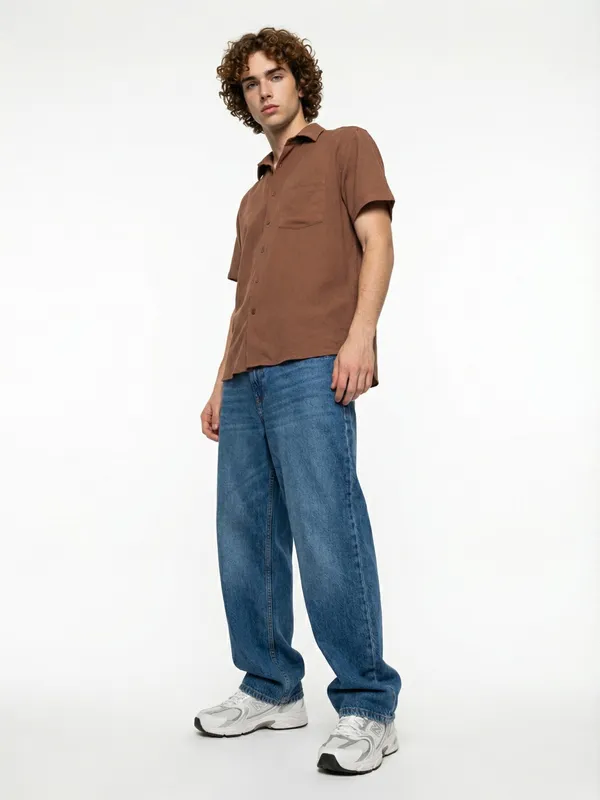 Men'S_Brown_Short_Sleeve_Casual_Shirt
