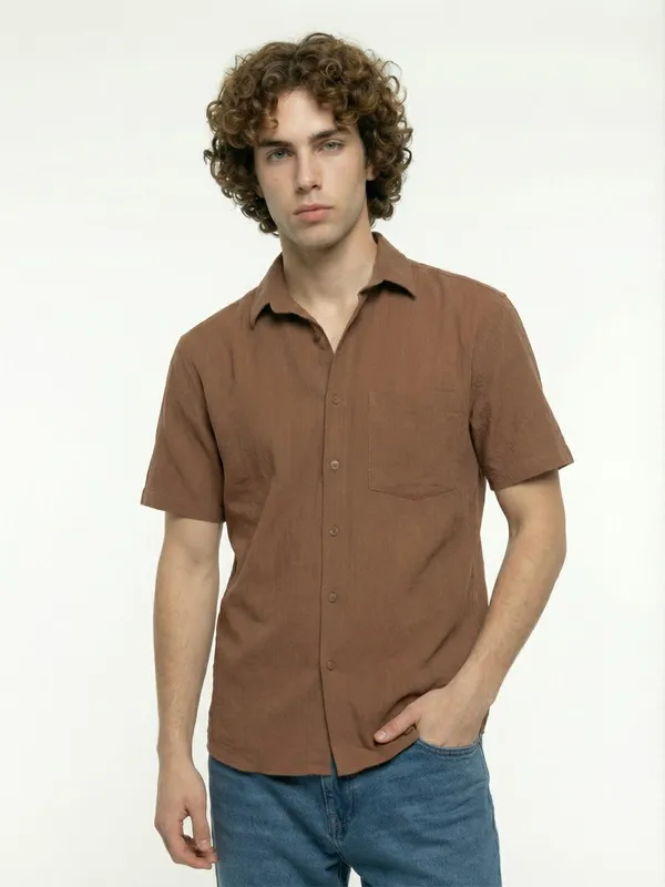Men'S_Brown_Short_Sleeve_Casual_Shirt