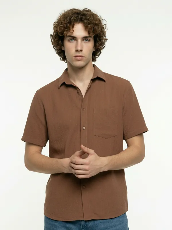 Men'S_Brown_Short_Sleeve_Casual_Shirt