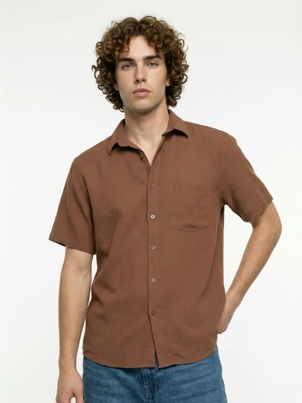 Men'S_Brown_Short_Sleeve_Casual_Shirt