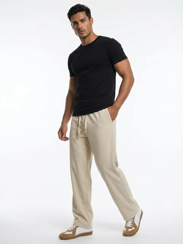 Men'S_Beige_Corduroy_Wide-Leg_Drawstring_Track_Pants