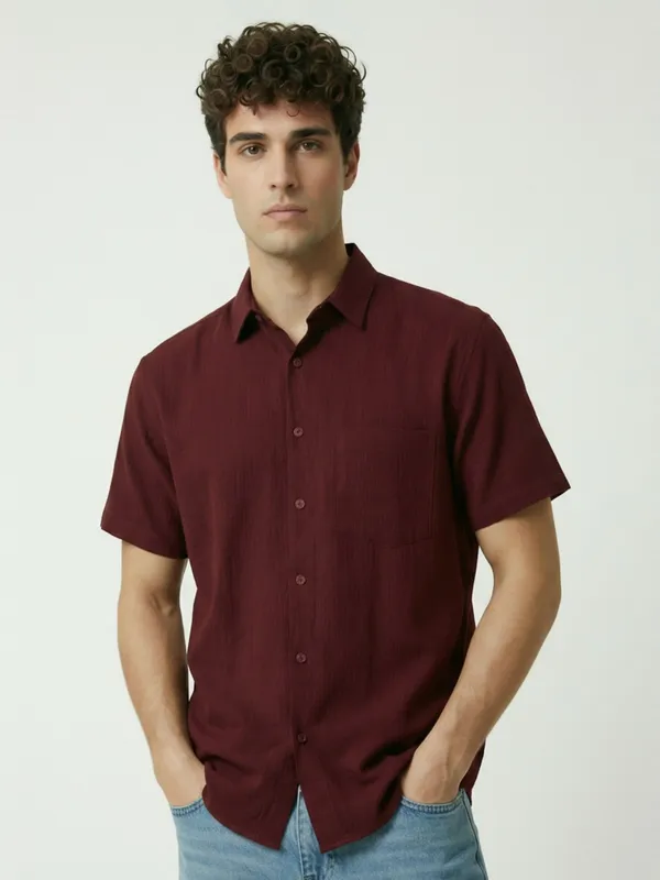 Men'S_Maroon_And_Brown_Short_Sleeve_Linen_Casual_Shirt_(Pack_of_2)