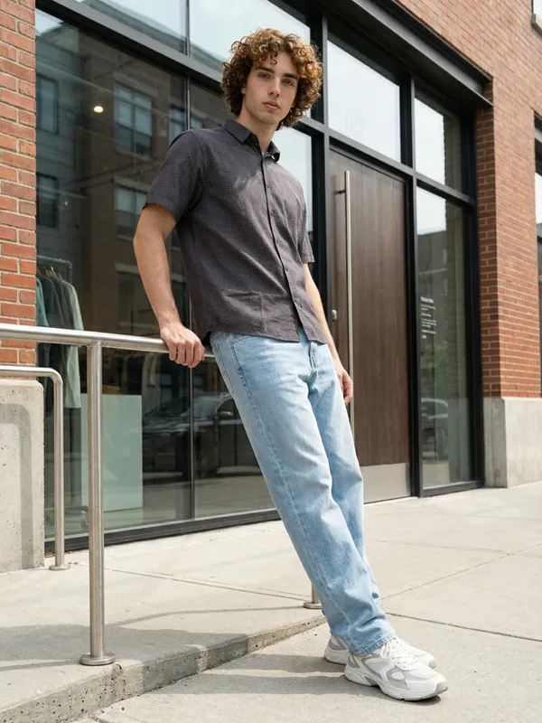 Men'S_Grey_Textured_Short_Sleeve_Casual_Shirt