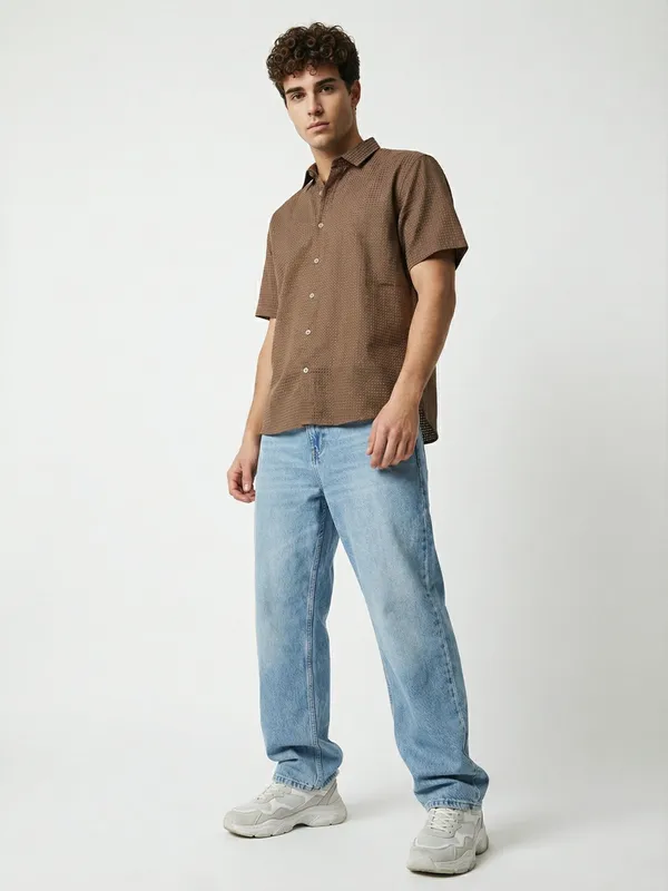 Men'S_Brown_Textured_Short_Sleeve_Casual_Shirt