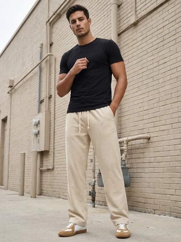Men'S_Beige_Corduroy_Wide-Leg_Drawstring_Track_Pants