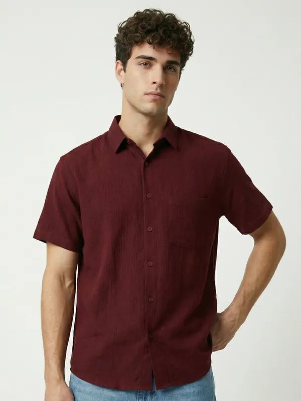 Men'S_Maroon_And_Brown_Short_Sleeve_Linen_Casual_Shirt_(Pack_of_2)