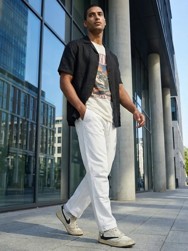 Men'S_White_Slim_Fit_Denim_Drawstring_Joggers