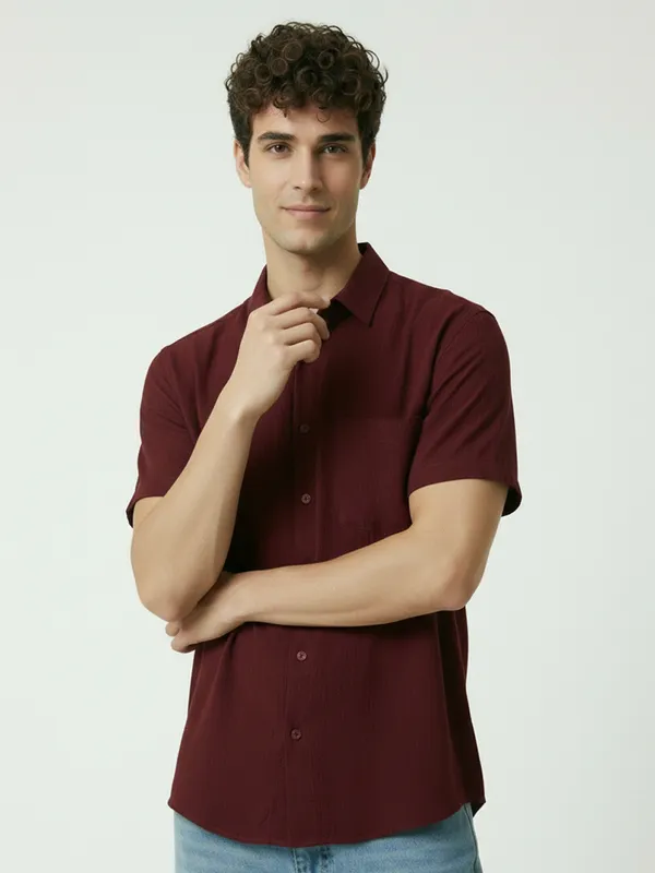 Men'S_Maroon_And_Brown_Short_Sleeve_Linen_Casual_Shirt_(Pack_of_2)