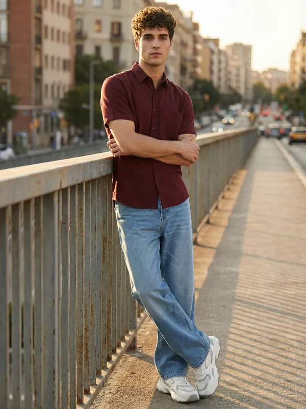 Men'S_Maroon_Short_Sleeve_Linen_Casual_Shirt