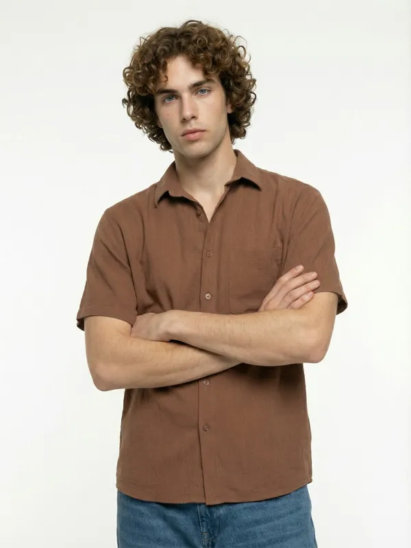 Men'S_Brown_Short_Sleeve_Casual_Shirt