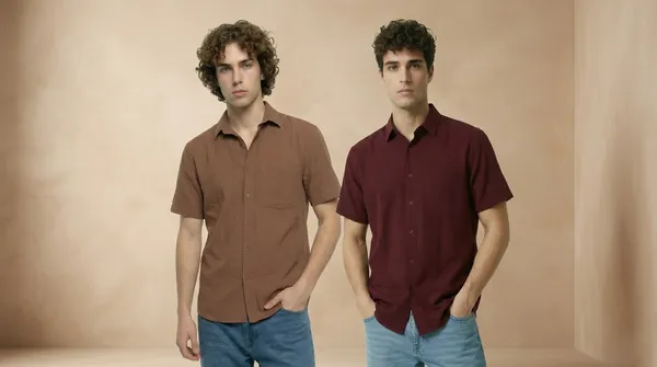 Men'S_Maroon_And_Brown_Short_Sleeve_Linen_Casual_Shirt_(Pack_of_2)