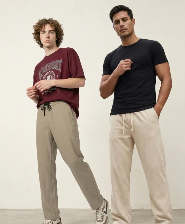 Men'S_Beige_Corduroy_Wide-Leg_Drawstring_Track_Pants_And_Drawstring_Casual_Pants_(Pack_Of_2)