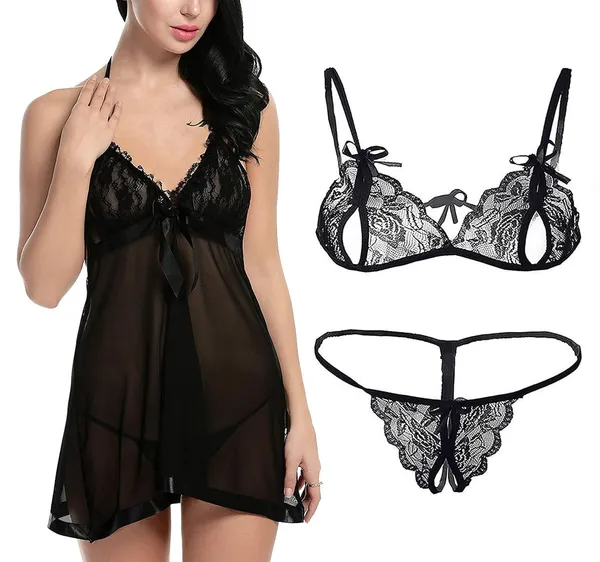 Black_Babydoll_V_Neck_Chemise_Nightwear_With_G-String_Panty_For_Women_(Pack_Of_2_Pcs)