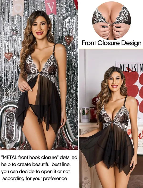 Black_Front_Closure_Babydoll_V_Neck_Nightwear_For_Women