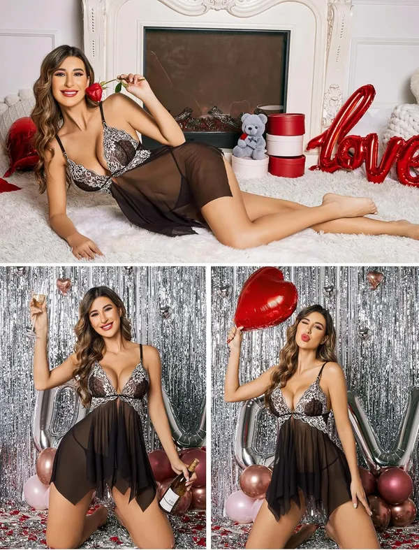 Black_Front_Closure_Babydoll_V_Neck_Nightwear_For_Women