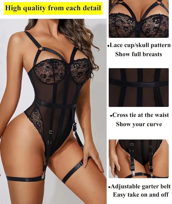 Black_Lace_Teddy_Strap_Babydoll_Bodysuit_Bikini_With_Garter_Belt_For_Women_(Pack_Of_2_Pcs)