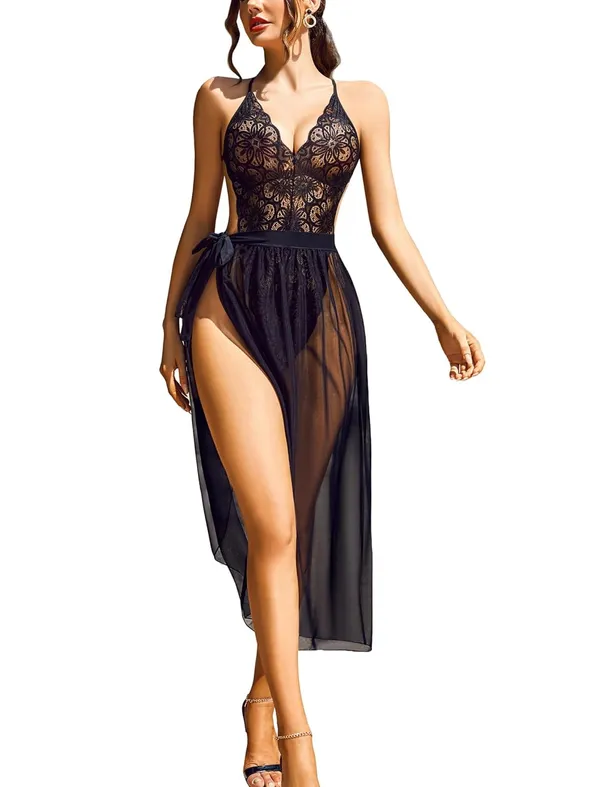 Black_Deep_V_Lace_Bodysuit_With_Mesh_Skirt_Nightie_For_Women