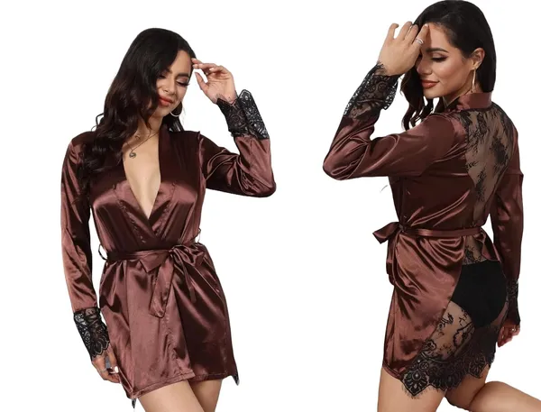Brown_Satin_Kimono_Robe_Set_For_Women_(Pack_Of_2_Pcs)