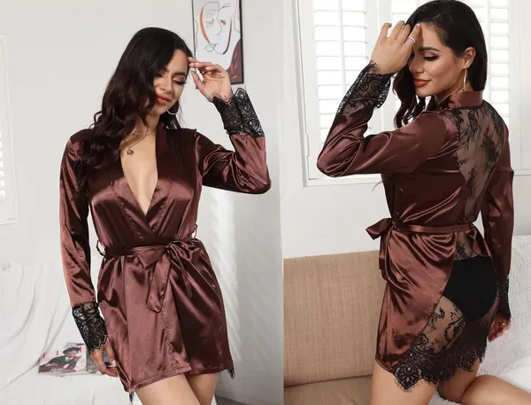 Brown_Satin_Kimono_Robe_Set_For_Women_(Pack_Of_2_Pcs)