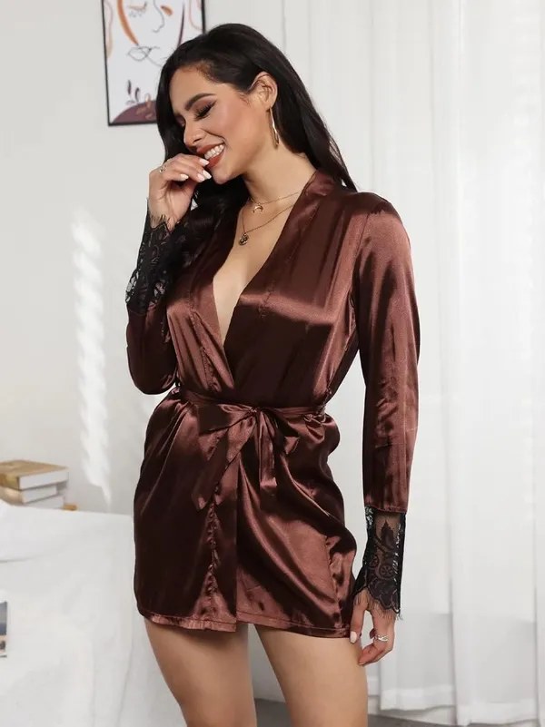 Brown_Satin_Kimono_Robe_Set_For_Women_(Pack_Of_2_Pcs)