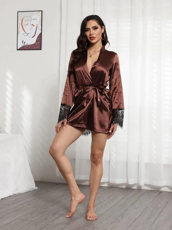 Brown_Satin_Kimono_Robe_Set_For_Women_(Pack_Of_2_Pcs)