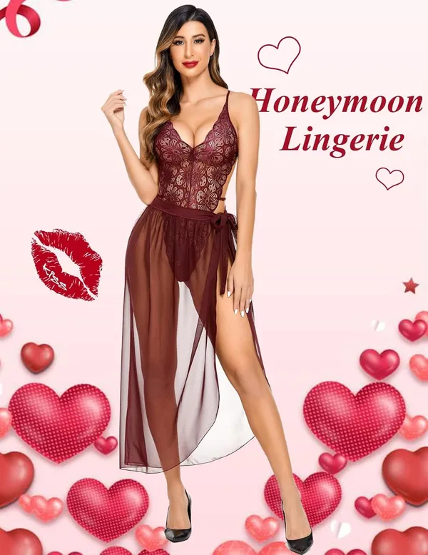 Brown_Deep_V_Lace_Bodysuit_With_Mesh_Skirt_For_Women