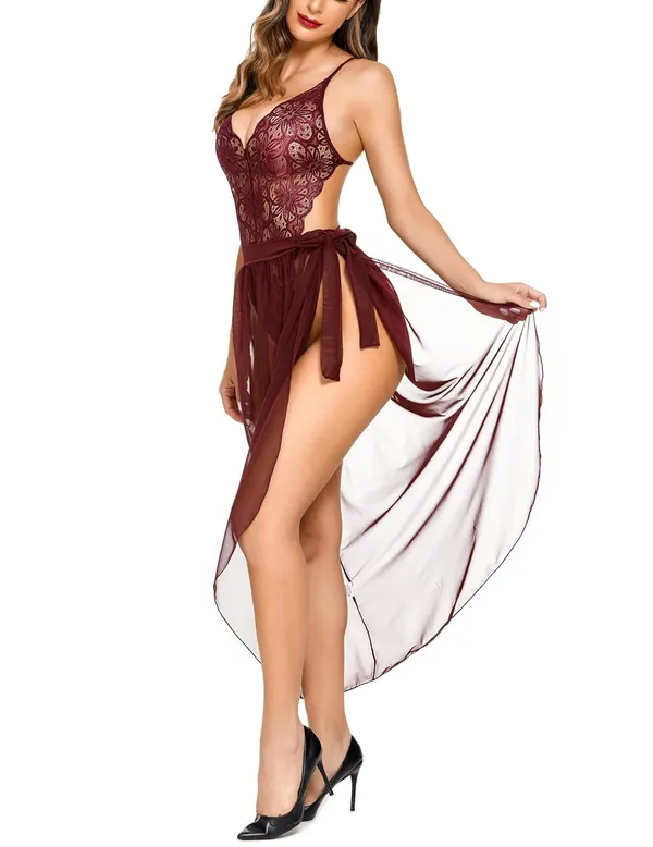 Brown_Deep_V_Lace_Bodysuit_With_Mesh_Skirt_For_Women